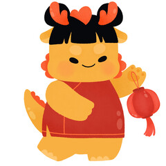 Year of Dragon baby dragon with Chinese dress hold lantern cute watercolor for Chinese New Year,Happy New Year,Lunar New Year Festival