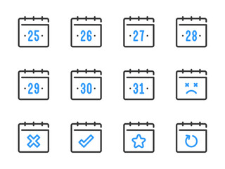 Calendar dates from 25 to 31 vector line icons. Calendar, Schedule and Timetable outline icon set.