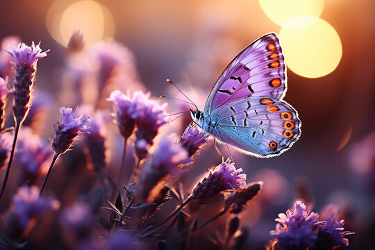 Beautiful butterfly Aphicides podargids on lilac flowers. Artistic tender photo. Soft selective focus. Generative Ai