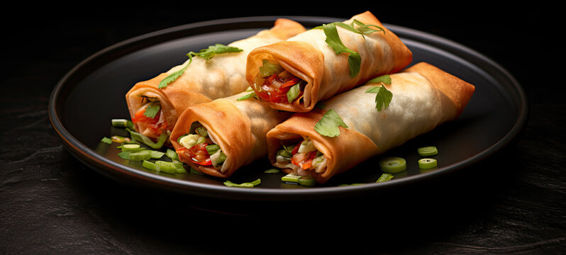 Spring rolls in a stack on a plate dark background