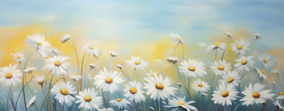 Mesmerizing Panorama: Field Bursting with Yellow and White Daisies - Dive Into Spring's Euphoria! Generative AI