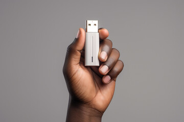 A man’s hand holding a simple usb flash drive isolated on a white background, shot in a studio. Generative AI.