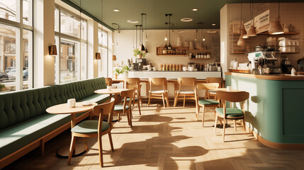 Photo of interior an small cozy coffee shop in the style of soft danish design - obrazy, fototapety, plakaty
