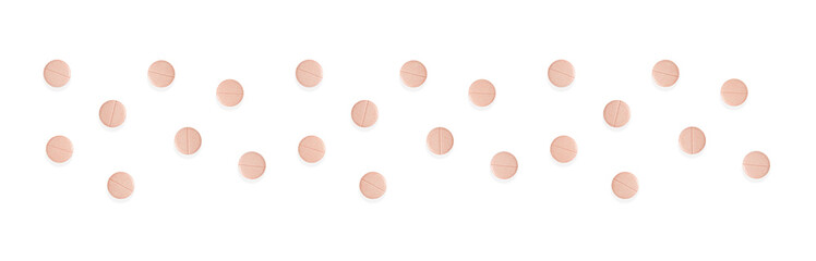 Set of round pink pills  isolated on transparent background. Png. Border. Medical, pharmacy and healthcare concept.