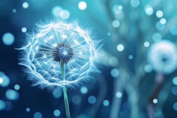 Obraz premium Dew-Kissed Dandelion Floating: The Ethereal Elegance of Nature's Detail Generative AI