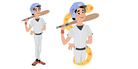 Kid holding baseball with a smile cartoon 2d vector isolated hand drawn  