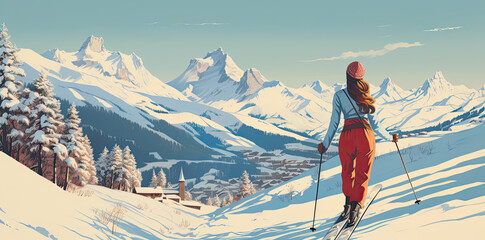 Vintage postcard style woman on the ski slopes with snowy mountain vista banner  - obrazy, fototapety, plakaty