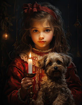 Vintage Christmas image of a young girl holding a candle and a small dog 
