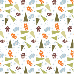 Winter New Year pattern with houses, snowflakes and fir trees. The elements are arranged chaotically. Ideal for cards, posters, prints, packaging, fabric, clothing. Vector image.