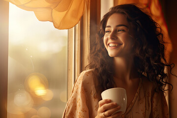 happy girl with coffee and flowers by the window - obrazy, fototapety, plakaty