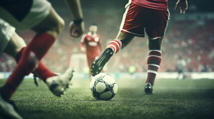 Fototapeta premium Close up of a football action scene. Close up of a soccer action scene in the stadium. Generative AI