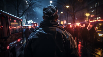 Obraz premium Police officer standing at night city.