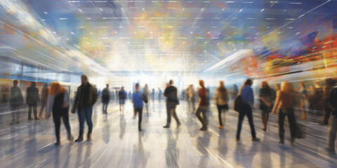 People in a Large Exhibition Hall Blurred Time-lapse Busy Crowd