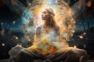 Woman manifesting abundance and wealth with swirling energy and golden orbs surrounding her