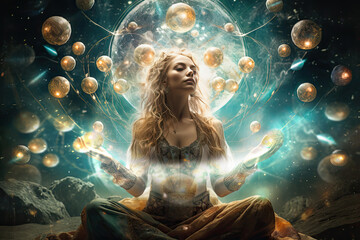 Woman manifesting abundance and wealth with swirling energy and golden orbs surrounding her - obrazy, fototapety, plakaty