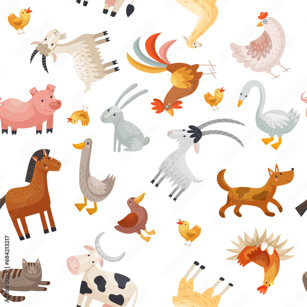 Sticker farm animals pattern. domestic animals geese ducks cows pigs. vector seamless background