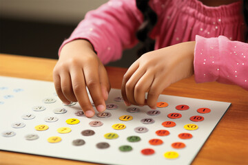 Children's mathematics development concept, learning center, primary school, home learning, sorting skills, . A child's hand plays with a math toy. Number line, counting. board with numbers - obrazy, fototapety, plakaty