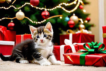 Cat with Christmas gifts and Christmas tree with twinkling lights. Generative AI
