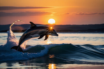 Dolphins jumping on the beach at sunset. Generative AI