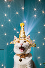 Portrait of a smiling cat wearing a party hat. Generative AI