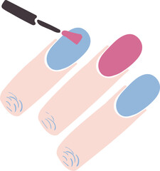 Beauty service painting nails with varnish. Applying fashionable varnish to nails with brush. Beauty care item in spa salon. Vector isolated on white background