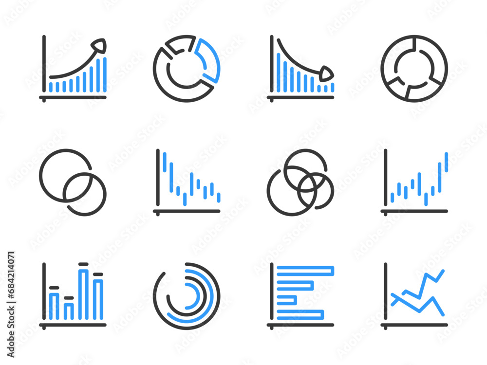 Poster graph and chart vector line icons. graphical data report outline icon set. pie chart, statistics, gr