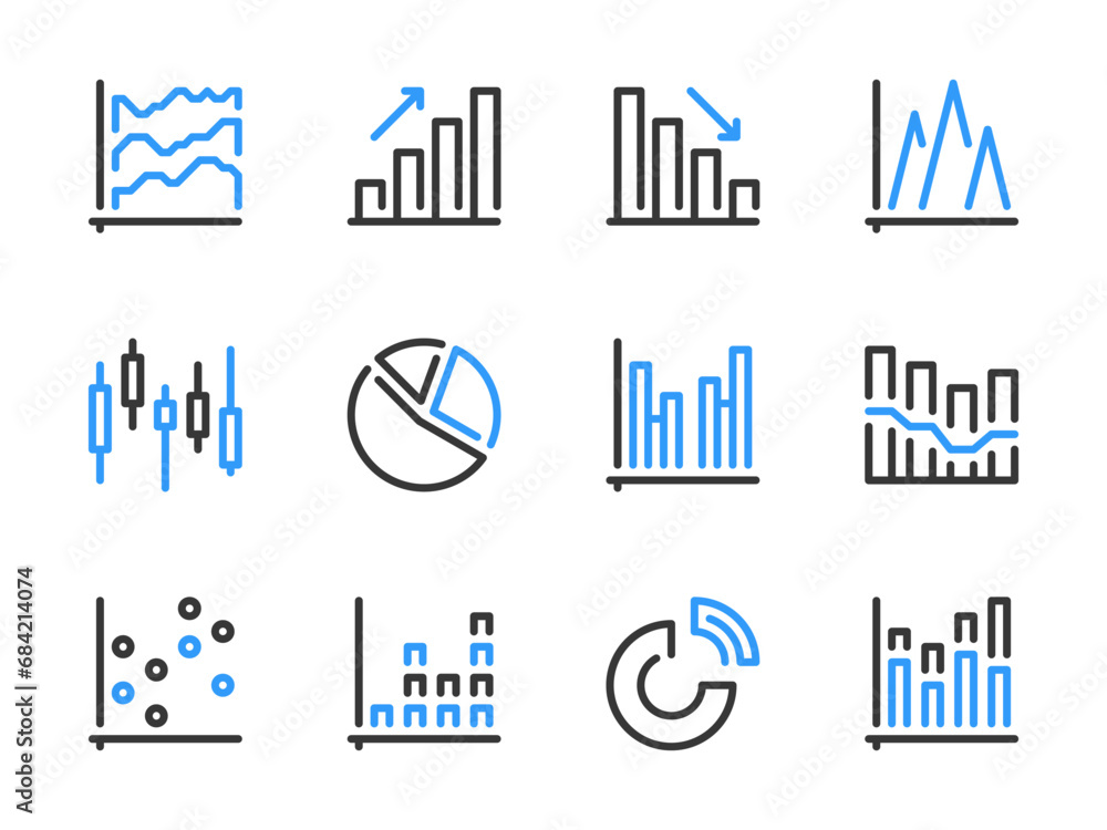 Poster graph and chart vector line icons. graphical data report outline icon set. pie chart, statistics, gr