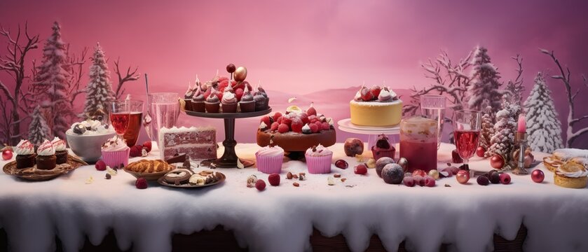 A Photo of a Table with Panettone and other Christmas Cakes & Cupcackes and Many Other Desserts all Reunited in a Simple Pink Room.