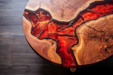 A wooden table with a red resin inlay on a dark wooden floor. - obrazy, fototapety, plakaty