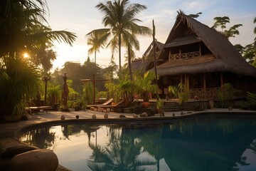 Professional Photo of a Bahay Kubo. Wooden House Camp Next to a Little River in a Resort During Sunset SUrrounded By Palms.