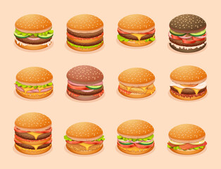 Burger. Cartoon fast food burgers with different ingredients exact vector illustrations