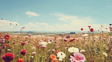 Professional Low Photo of a Field full of Pink Flowers in a Clear and Sunny Day. Photo of an Empty Valley with Landscape of some Far Hills. Nature Lover. - obrazy, fototapety, plakaty