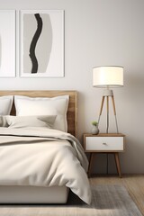 Photo of a Modern White Themed Bedroom with a Clean Bed next to a Night Table in Front of a White Wall . Sunlight coming from the window on the Right.