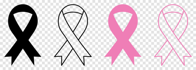 Black and pink awareness ribbon icons. Vector illustration isolated on transparent background - obrazy, fototapety, plakaty