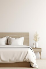 Photo of a Modern White Themed Bedroom with a Clean Bed next to a Night Table in Front of a White Wall . Sunlight coming from the window on the Right.