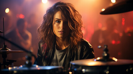 Fototapeta na wymiar Female drummer at stage.