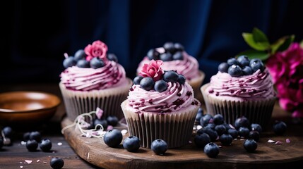 Professional Close-Up of some Blueberry Flavored  Cupcackes on a Plate in a Simple Black Room.