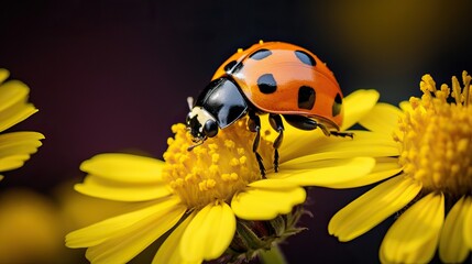 Professional Macro of an Orange and Black Spotted Ladybug Placed on a Bright Yellow Flower in a Sunny Day.