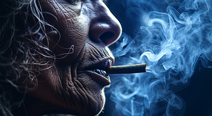 closeup of lips with a cigar of an ethnic woman with deep wrinkles, with smoke on a black background.space for text