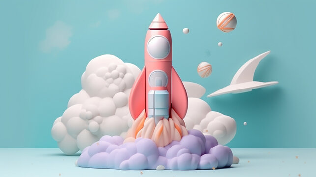 3d rocket on pastel background. Generative AI