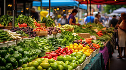 Fototapeta na wymiar Vibrant Farmers Market with Fresh Vegetables and Fruits