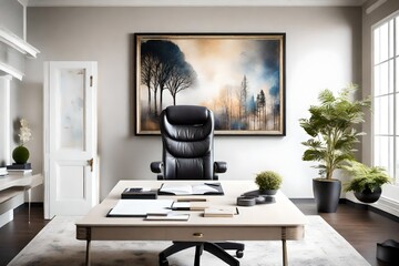 Elegant office decor with a focus on inspirational artwork.