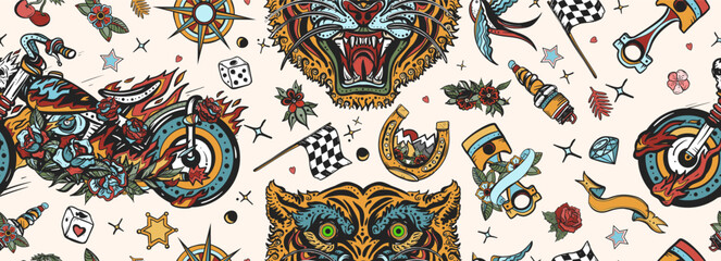 Bikers lifestyle seamless pattern. Burning chopper motorcycle and tiger face. Rider moto sport background. Racers. Old school tattoo style