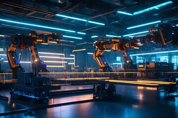 Advanced robotics in a futuristic manufacturing plant setting.