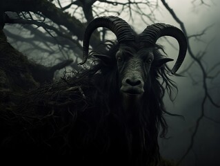 Professional Photo of a Scary Mythical Dark Figure With Big Horns and a Goat Face with Human Bodyshape in a Forest Late in the Evening Looking at the camera.