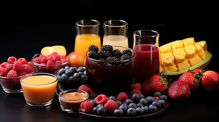 Professional Photo of Some Glasses Filled With Juice Next to Some Fruits on a Wooden Table in a Black Room.