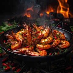 Professional Shot of Spiced Shrimps That Just Got Out of the Fire Placed on a Black Plate. Flames over a Fish Dish creating a Professional Image for Commercial Avertisement.