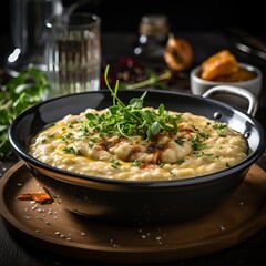 Professional Close Up of a Plate Filled With Rice Flavored with Spices and Basil on Top Placed on a Table in a Restaurant.