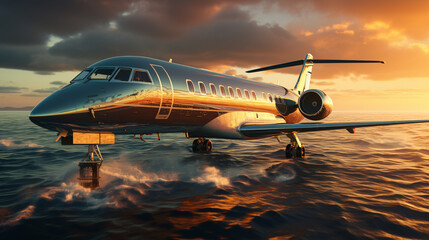 Private jet flight over sea. - Powered by Adobe