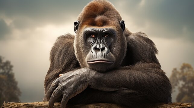 Beautiful Portrait of a Gorilla. Male gorilla on black background, severe silver back, anthropoid ape.